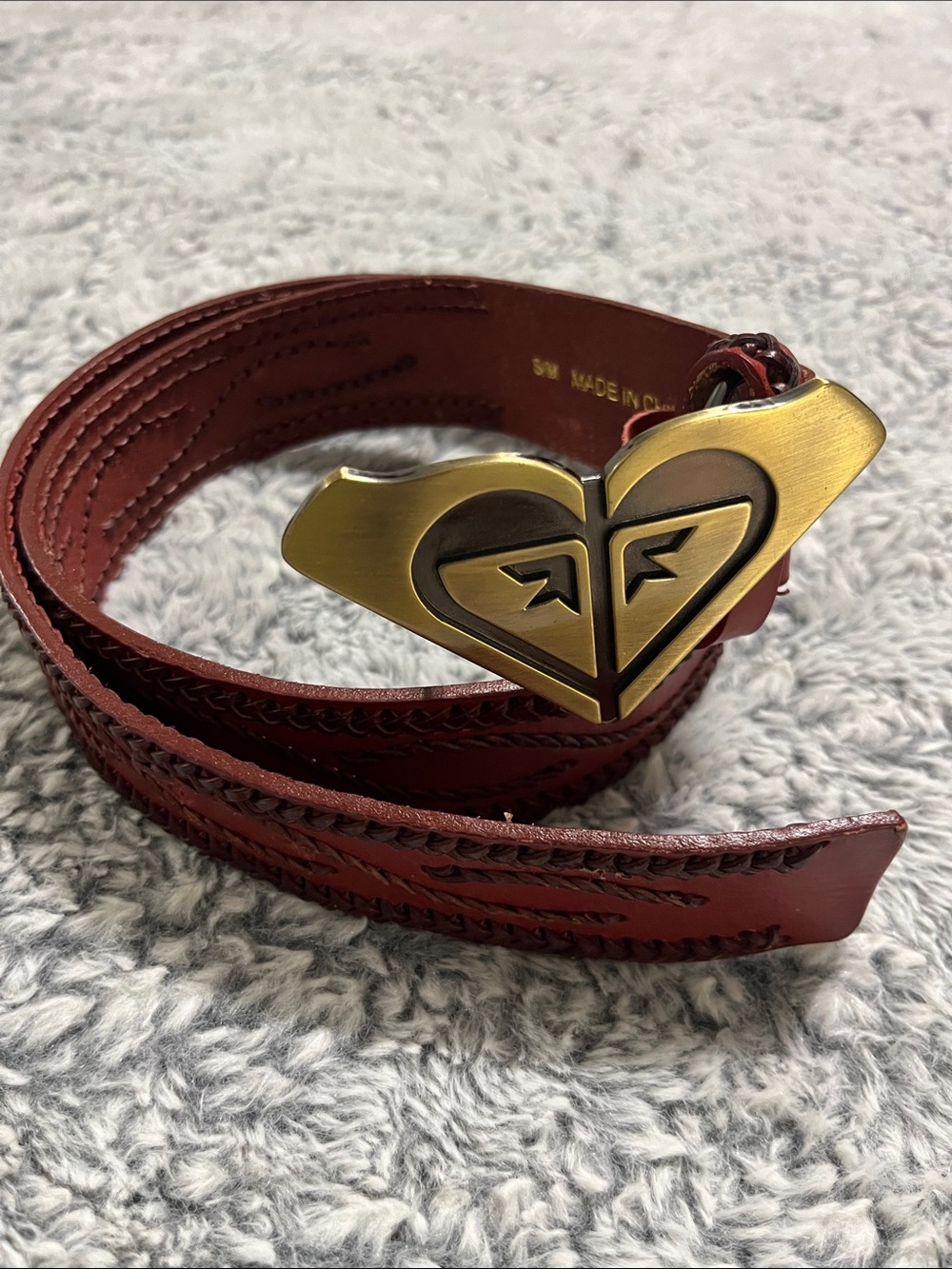 Red Leather Belt with Sculpted Brass Heart Buckle